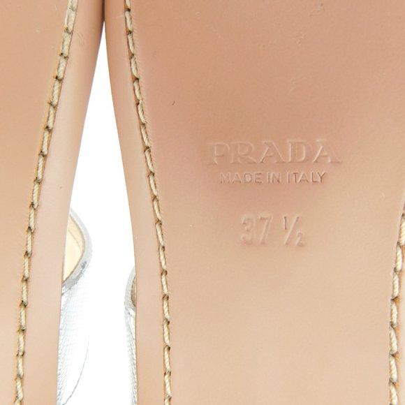 PRADA Crystal Embellished Silver Saffiano T-Strap Block Heel Slide Sandals 37.5 - Picture 10 of 10
